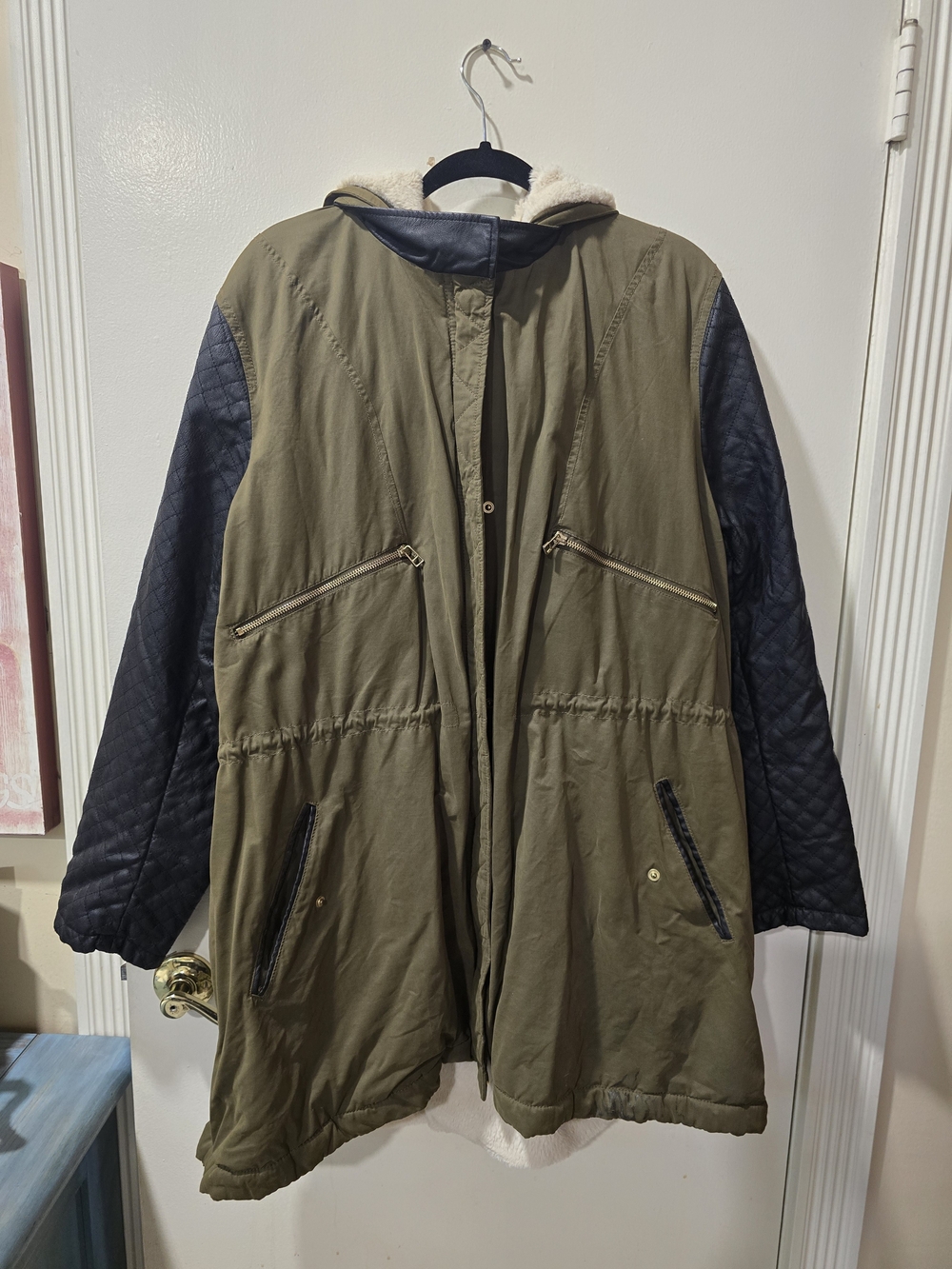 attention Olive Green Hooded Parka Style Coat with Black Quilted Sleeves